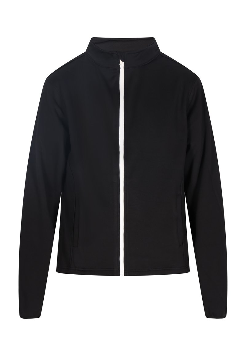 Schwarzjacke mit hohem Kragen, durchgehendem Reißverschluss und weißen Reißverschlussakzenten. Verfügt über lange Ärmel und seitliche Taschen. Glatte Stoffoberfläche.