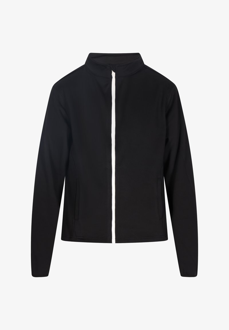 Schwarzjacke mit hohem Kragen, durchgehendem Reißverschluss und weißen Reißverschlussakzenten. Verfügt über lange Ärmel und seitliche Taschen. Glatte Stoffoberfläche.