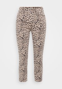 Pantalones de leopardo en un tono beige claro, con un diseño ajustado, textura suave y cinturilla estándar con bolsillos frontales.