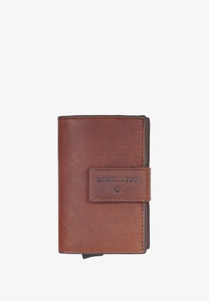 Brown leather wallet with a textured finish. Features a stitched edge and a debossed "Strellson" logo on a leather patch.