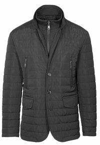 Giacca imbottita nera con colletto alto, due tasche frontali con zip e chiusura a bottoni; presenta una texture trapuntata e un tessuto liscio.