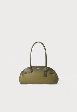 Olive green leather handbag with a smooth texture, rounded shape, dual top handles, and a luggage tag detail. Gold-tone hardware accents.