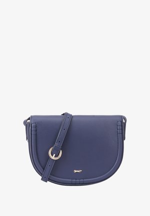 Navyblaue Leder-Umhängetasche mit runder Form, goldenen Hardware-Details und gesteppten Akzenten an der Vorderseite und dem Trageriemen.