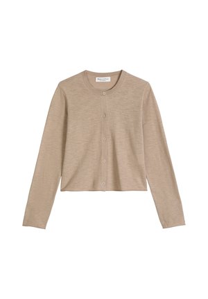 Beżowy sweter na guziki z długim rękawem i okrągłym dekoltem, marki Marc O’Polo, przedstawiony na płasko na białym tle.