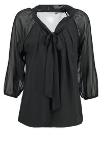 Svart blus med genomskinliga trekvarts puffärmar och en framknutning vid halsen, storlek 36.