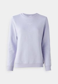 Hellblaues Sweatshirt aus weichem Material; hat einen Rundhalsausschnitt, lange Ärmel, gerippte Bündchen und ein auf der Vorderseite gedrucktes Logo.