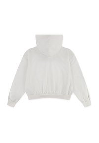 Sudadera corta de tela gris claro, con capucha, puños y dobladillo elásticos. Textura suave con detalles de costura mínimos.