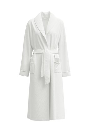 White terry bathrobe with a shawl collar, long sleeves, belt tie, and two front pockets. Soft texture with subtle pattern.