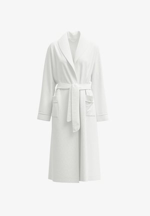 White terry bathrobe with a shawl collar, long sleeves, belt tie, and two front pockets. Soft texture with subtle pattern.