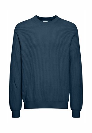 Ribbet striktrøje i mørkeblå, med rund hals og lange ærmer med tætsiddende manchetter. Materialet har en glat, tekstureret overflade.
