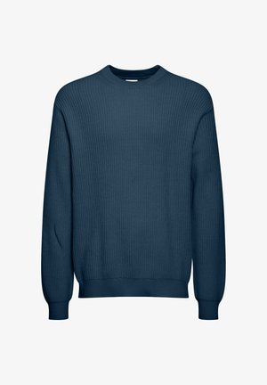 Ribbed pletený svetr v tmavě modré barvě, s kulatým výstřihem a dlouhými rukávy se těsnými manžetami. Materiál má hladký, texturovaný povrch.