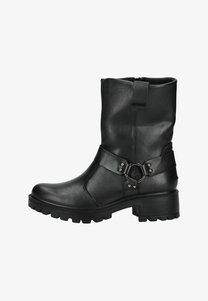 Bottines en cuir noir avec une sangle ornée d'un accent en métal, fermeture éclair latérale et semelle en caoutchouc robuste.