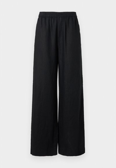 Μαύρο παντελόνι από λινό με φαρδιά μπατζάκια και ελαστική μέση, με υφή που προσφέρει άνεση και αέρισμα χάρη στην άνετη και χαλαρή σιλουέτα.