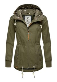 Olivgrüne Jacke mit Reißverschluss, verstellbarer Kapuze und Kordelzug in der Taille. Mit gemustertem Innenfutter und zwei Fronttaschen ausgestattet.