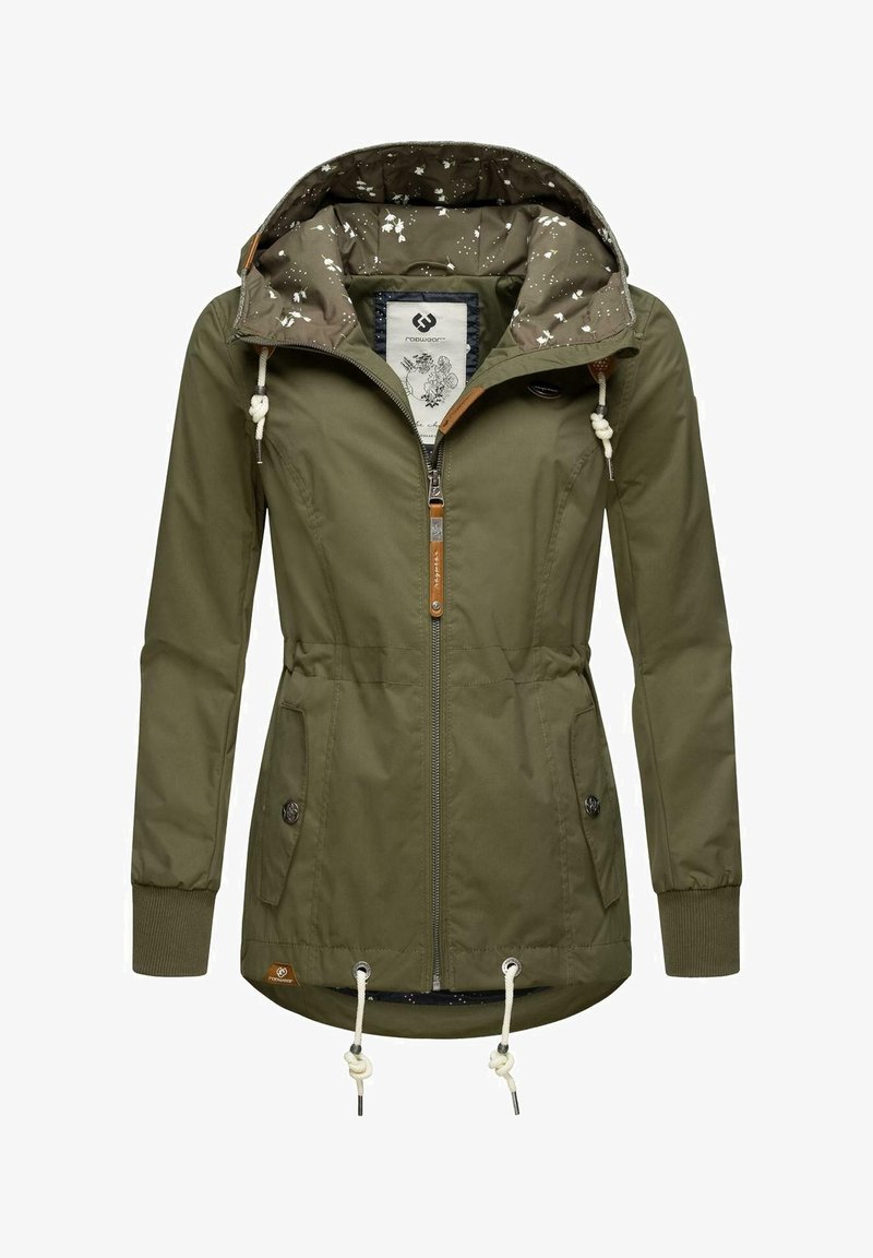 Olivgrüne Jacke mit Reißverschluss, verstellbarer Kapuze und Kordelzug in der Taille. Mit gemustertem Innenfutter und zwei Fronttaschen ausgestattet.
