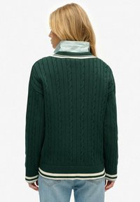 Groene kabeltrui met een textuurdesign, geribbelde witte en groene streepaccenten op de kraag en onderkant. De achterkant toont een gelaagde kraag.