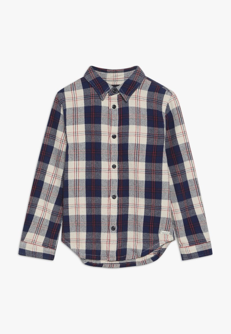 Långärmad rutig skjorta i marinblått, krämfärgat och rött. Tillverkad av flanell, med en spetsig krage, knäppning fram och rundad nederkant.