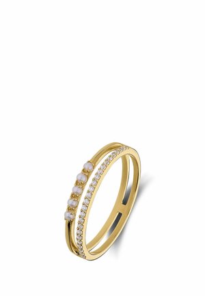 Gold ring with two parallel bands, one set with small white pearls, the other with small clear gemstones.