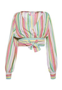 Blusa cropped multicolore con maniche lunghe, caratterizzata da strisce verticali in colori pastello, un design avvolgente e un dettaglio in vita annodato.