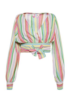 Blusa cropped multicolore con maniche lunghe, caratterizzata da strisce verticali in colori pastello, un design avvolgente e un dettaglio in vita annodato.