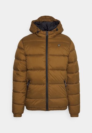 Brown padded jacket with a hood, front zip, and side pockets. Features a smooth texture and visible quilted pattern for insulation.