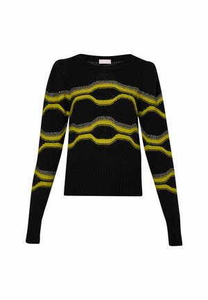 Maglione a maglia nera con strisce ondulate gialle e argento. Maniche lunghe, scollo tondo, motivo testurizzato con una vestibilità aderente.