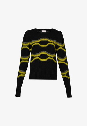 Maglione a maglia nera con strisce ondulate gialle e argento. Maniche lunghe, scollo tondo, motivo testurizzato con una vestibilità aderente.