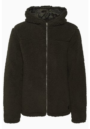 Tume roheline fliiste jakk, millel on tõmblukk, kapuuts ja tekstuuriga pind. Sisemus on pehme vooder ja varrukate otsad on soonilised.