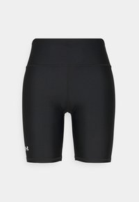 Black athletic shorts made of smooth, stretchy fabric. High waistband, mid-thigh length, with a small white logo on the lower left side.