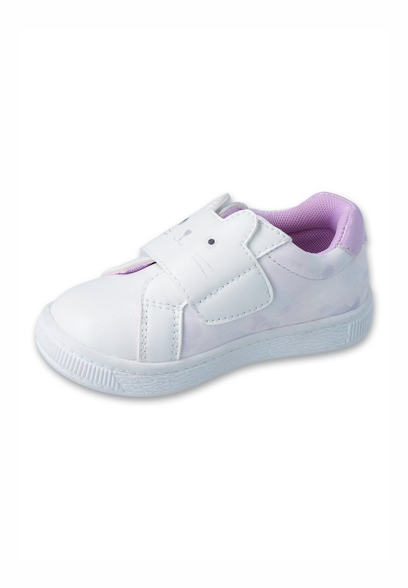 Białe dziecięce sneakersy z gładkiej skórzanej cholewki, fioletowymi akcentami, z rzepem i motywem buzi królika z przodu. Gumowa podeszwa.