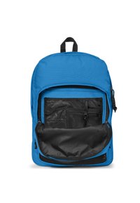 Zaino blu con una tasca frontale nera, chiusura con cerniera e numerosi scomparti interni in rete. Dotato di una maniglia superiore per un facile trasporto.
