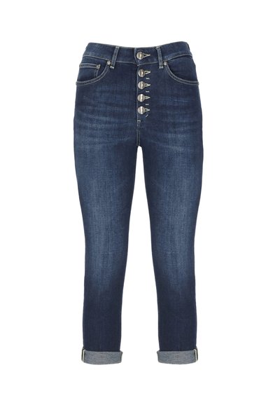 Pantaloni in denim blu scuro con vita aderente, caratterizzati da una fila di bottoni in metallo, cinque tasche e risvolti alle caviglie.
