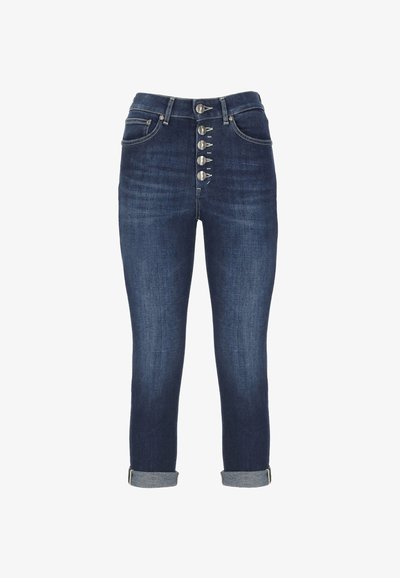 Pantaloni in denim blu scuro con vita aderente, caratterizzati da una fila di bottoni in metallo, cinque tasche e risvolti alle caviglie.