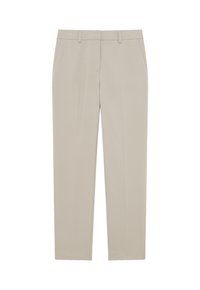 Pantalon beige en tissu lisse et texturé. Présente deux poches avant et une coupe ajustée avec une conception à jambe droite.