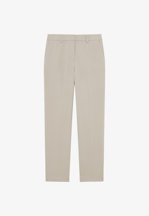 Beżowe spodnie wykonane z gładkiego, teksturowanego materiału. Posiadają dwie przednie kieszenie oraz dopasowany krój o prostych nogawkach.