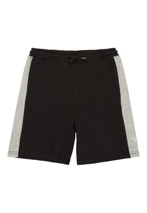 Shorts de sport noirs avec des panneaux latéraux gris, ceinture élastique et cordon de serrage, posés à plat.