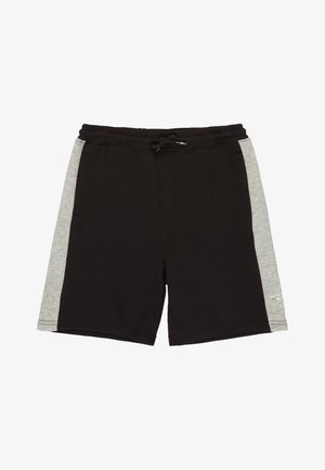 Schwarze Sportshorts mit grauen Seiteneinsätzen, elastischem Bund und Kordelzug, flach liegend.