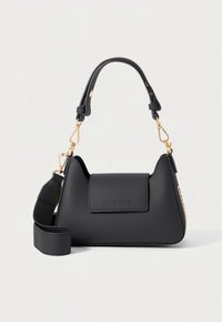 Μαύρη τσάντα χειρός από λείο δέρμα με δομημένο σχήμα. Διαθέτει χρυσά μεταλλικά στοιχεία, κοντή κορυφαία λαβή και αποσπώμενο ιμάντα ώμου.