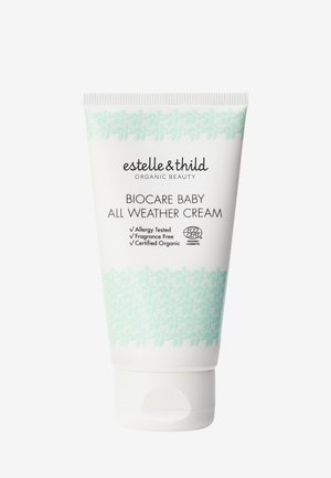 Witte tube met een lichtgroen bladerenpatroon, gelabeld "Biocare Baby All Weather Cream." Voorzien van een flip-topdop. Gecertificeerd biologisch. Geurvrij.
