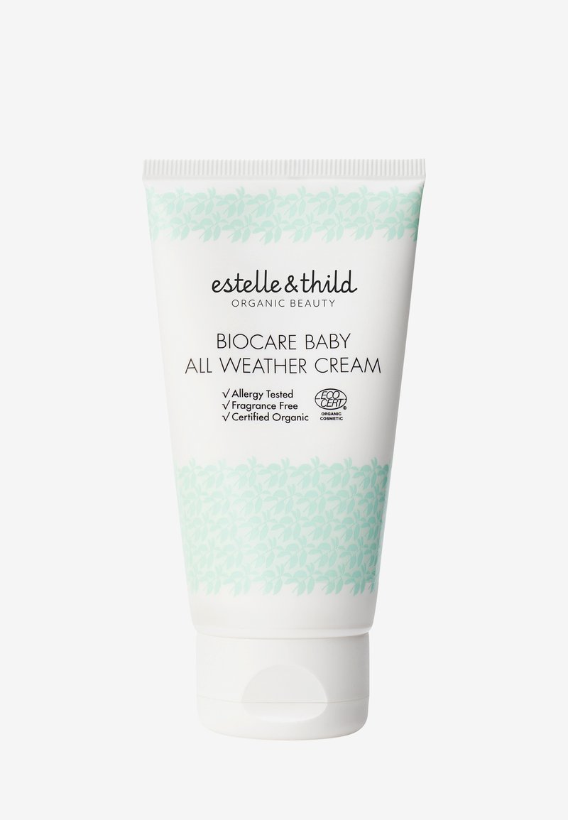 Biała tuba z jasną zieloną grafiką liścia, oznakowana "Biocare Baby All Weather Cream". Posiada zakrętkę na otwieranie. Certyfikowany organiczny. Bez zapachu.