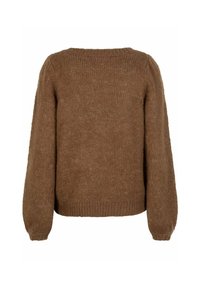 Bruine gebreide trui met lange mouwen, geribbelde manchetten, zoom en halslijn, weergegeven vanaf de achterkant op een witte achtergrond.