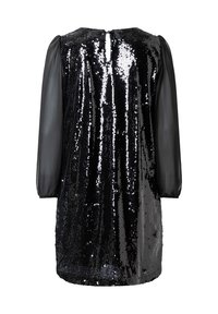 Schwarzes Paillettenkleid mit transparenten langen Ärmeln, rundem Ausschnitt und Schlüsselloch-Detail am Rücken. Der Körper zeichnet sich durch eine schimmernde Textur und auffällige Pailletten aus.