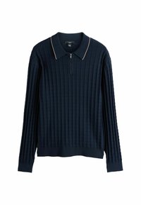 Pulover albastru marin cu guler cu fermoar, textură ribbed și un model pătrat texturat. Dispune de un guler contrastant și mâneci lungi.