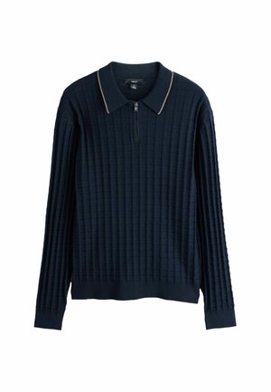 Marineblaues Sweatshirt mit Reißverschluss am Hals, geripptem Material und einem strukturierten quadratischen Muster. Mit kontrastierendem Kragen und langen Ärmeln.