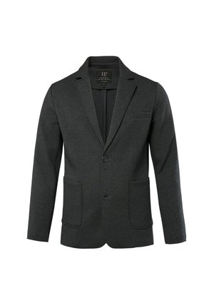 Dark gray blazer made of soft fabric, featuring a notched collar, single button closure, two front pockets, and a chest pocket.