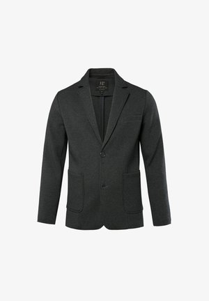 Donkergrijze blazer van zachte stof, met een notch-kraag, enkel knoopsluiting, twee voorzakken en een borstzak.