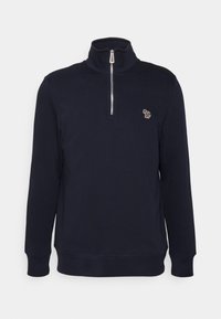 Felpa blu navy con collo alto e chiusura a mezza zip. Presenta un logo ricamato sul petto e polsini e orlo a coste.
