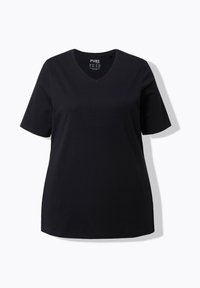 T-shirt noir en coton à manches courtes avec col en V, présenté à plat sur un fond blanc.