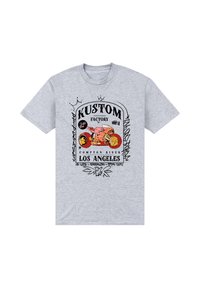 Grå bomulds-t-shirt med iøjnefaldende grafik af en motorcykel, teksten "KUSTOM" og stiliserede designs. Korte ærmer og rund hals.