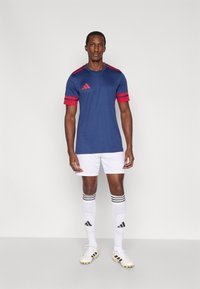 Blaues Sportshirt mit roten Streifen an den Ärmeln, weiße Shorts und schwarz-weiß gestreifte Socken. Dazu helle Fußballschuhe getragen.
